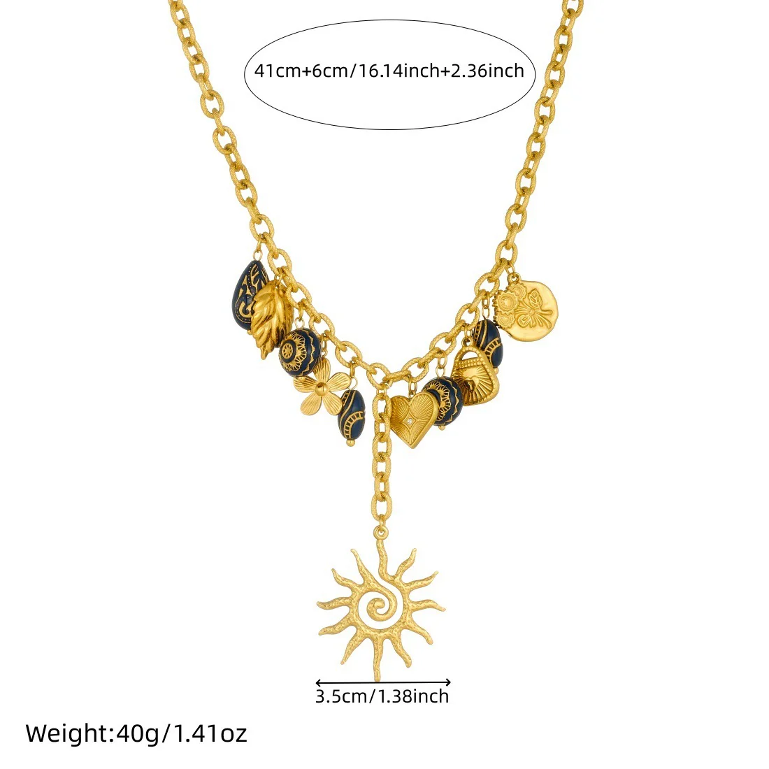Wholesale Women's Medieval Style Heart Shape Black Carved Geometric Goldplated Stainless Steel Spiral Sun Flower Leaf Pendant Necklace With Oshaped Chain - Image 4