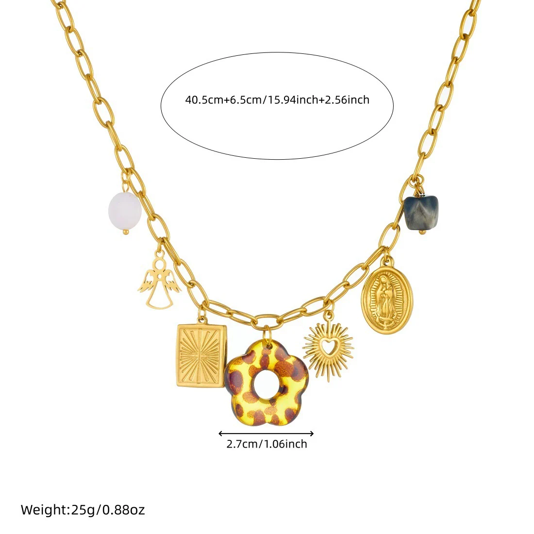 Wholesale Women's Medieval Style Leopard Print Stainless Steel Electroplated Flower Square Oval Sun Necklace With Flat Cross Chain - Image 4