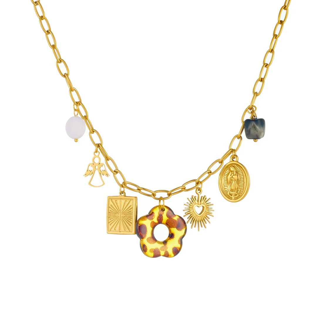 Wholesale Women's Medieval Style Leopard Print Stainless Steel Electroplated Flower Square Oval Sun Necklace With Flat Cross Chain - Image 5