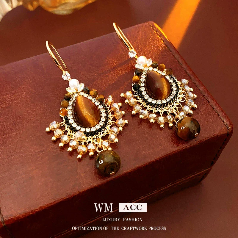 Wholesale Women's Medieval Vintage Earrings Alloy Artificial Tiger Eye Stone Pearl Ear Hooks Geometric Zirconia - Image 3