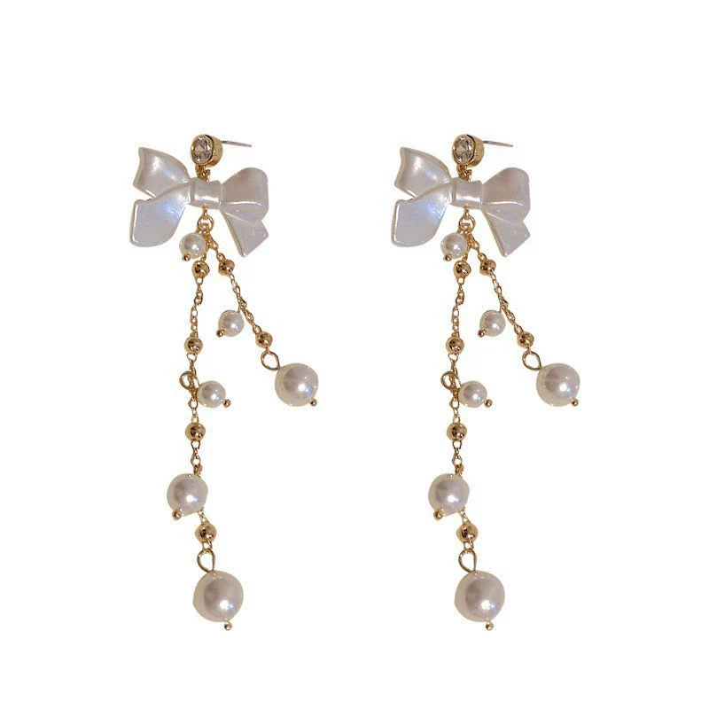 Wholesale Women's Metal Electroplated Bow Shape Pearl Tassel Earrings Light Luxury Style - Image 5
