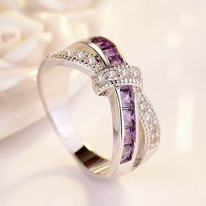 Wholesale Women's Metal Electroplated Geometric Amethyst Diamond Ring Hand Jewelry - Image 2