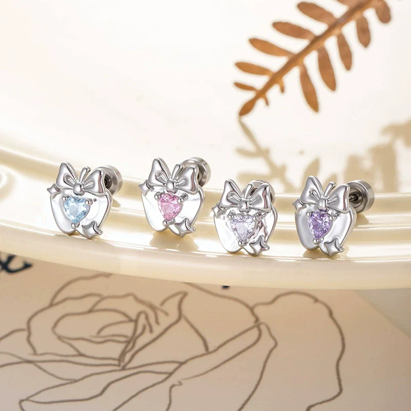 Wholesale Women's Metal Heart Shape Cartoon Style Electroplated Cartilage Piercing Ear Bone Nail With Bow And Zircon