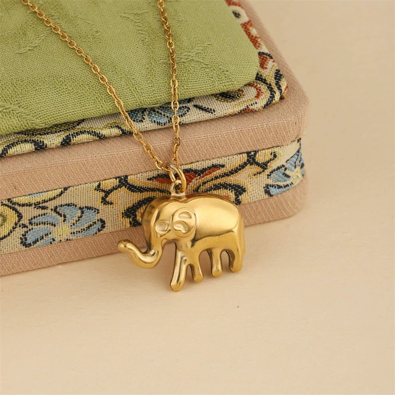 Wholesale Women's Mini Geometric Stainless Steel 18K Gold Electroplated Elephant Pendant Cross Chain Necklace - Image 3