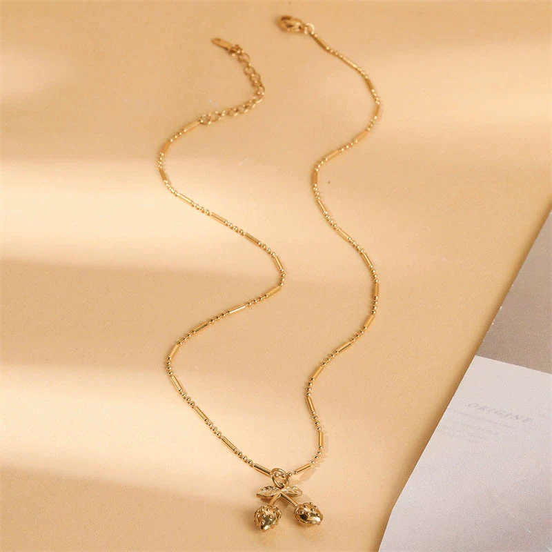 Wholesale Women's Minimalist Geometric Cherry Pendant Necklace Stainless Steel 18K Gold Electroplated Bamboo Chain Jewelry - Image 2