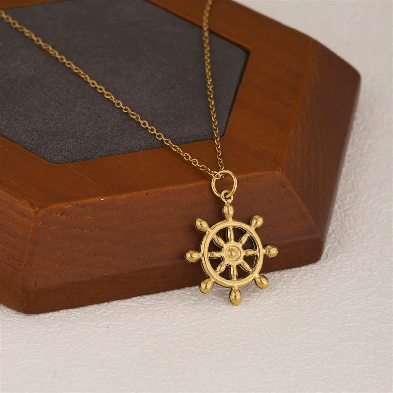 Wholesale Women's Minimalist Geometric Stainless Steel 18K Gold Electroplated Anchor Rudder Pendant Necklace With Cross Chain Jewelry Accessories - Image 2