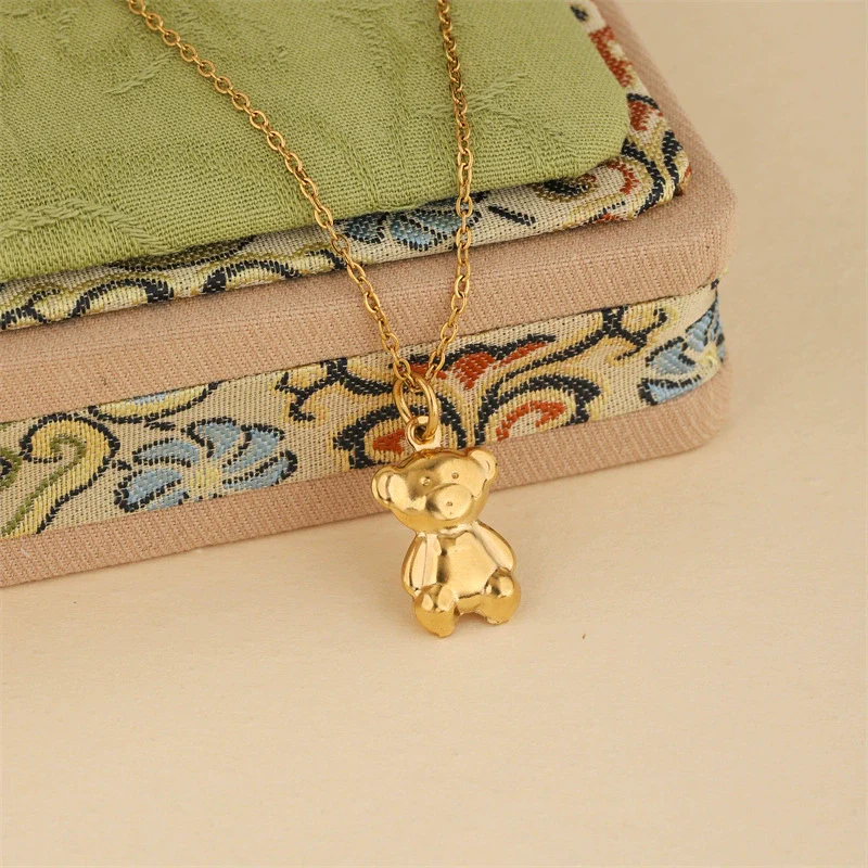Wholesale Women's Minimalist Geometric Stainless Steel 18K Gold Electroplated Bear Pendant Cross Chain Necklace - Image 4