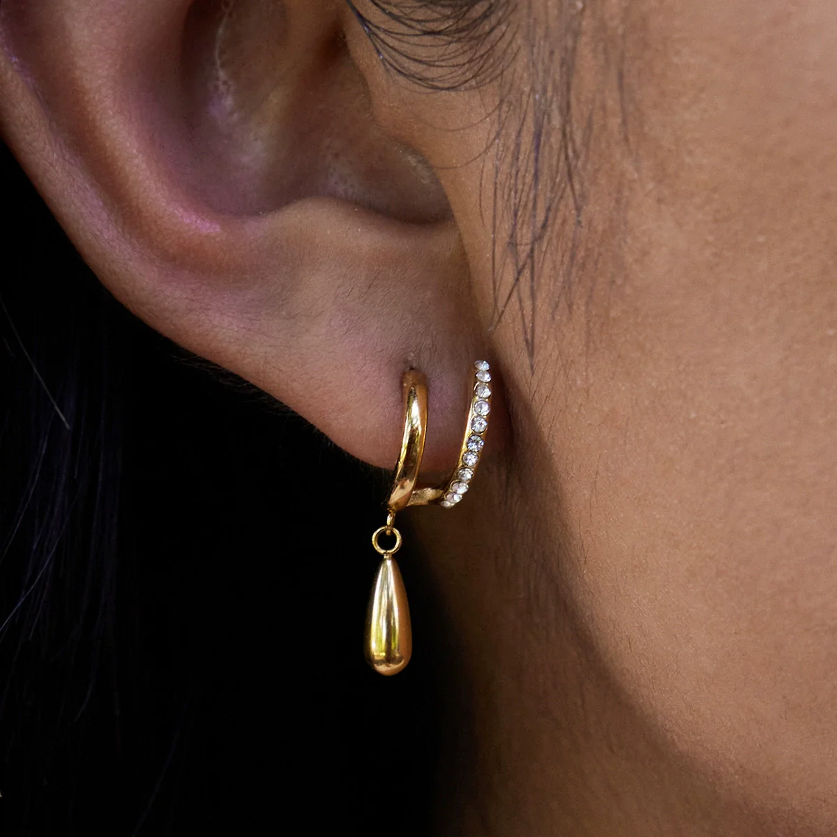 Wholesale Women's Minimalist Geometric Stainless Steel Electroplated Doublelayer Cring And Water Drop Pendant Earrings Jewelry - Image 3