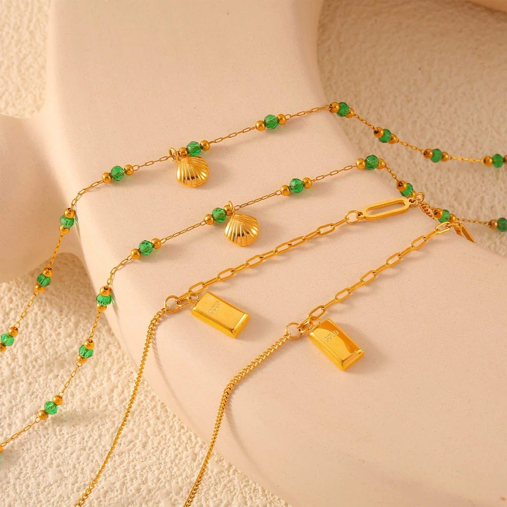 Wholesale Women's Minimalist Geometric Titanium Steel Gold Plated Anklet With Shell Bric Pendant And Green Bead - Image 2