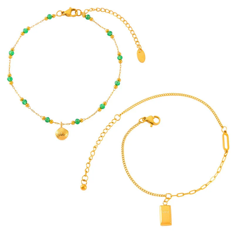 Wholesale Women's Minimalist Geometric Titanium Steel Gold Plated Anklet With Shell Bric Pendant And Green Bead - Image 5