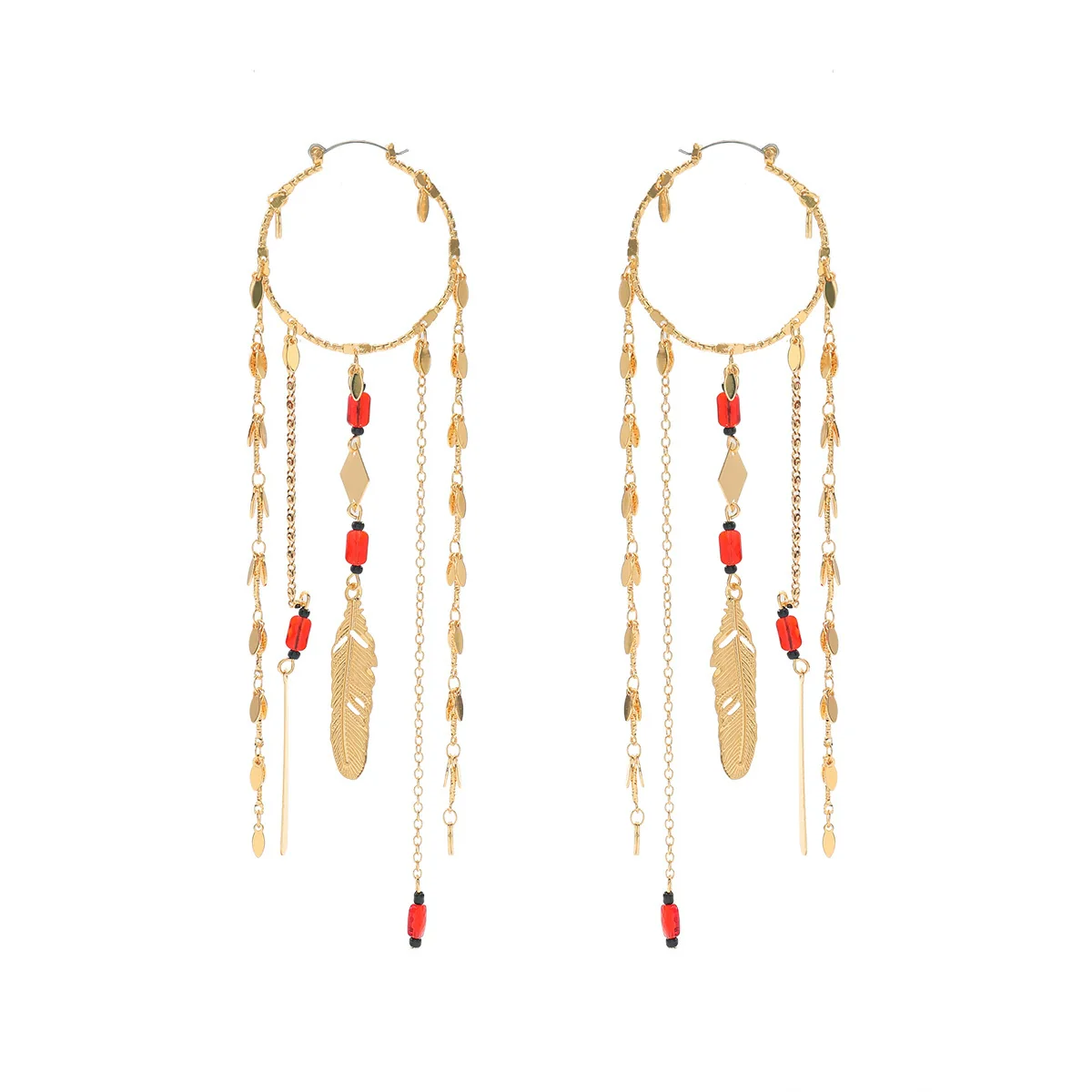 Wholesale Women's Minimalist Geometric Zinc Alloy Exaggerated Tassel Feather Multilayer Earrings With Electroplating - Image 5