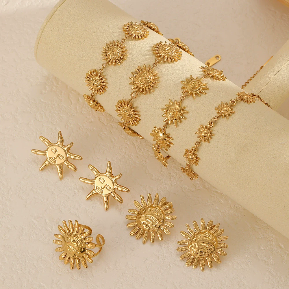 Wholesale Women's Minimalist Sunflower Stainless Steel Jewelry Set Real Gold Plated Bracelet Earrings - Image 2