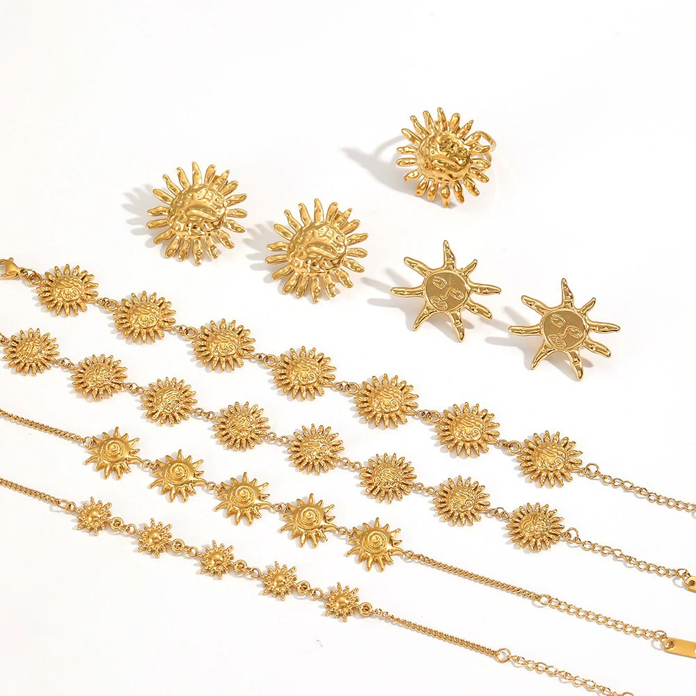 Wholesale Women's Minimalist Sunflower Stainless Steel Jewelry Set Real Gold Plated Bracelet Earrings - Image 4