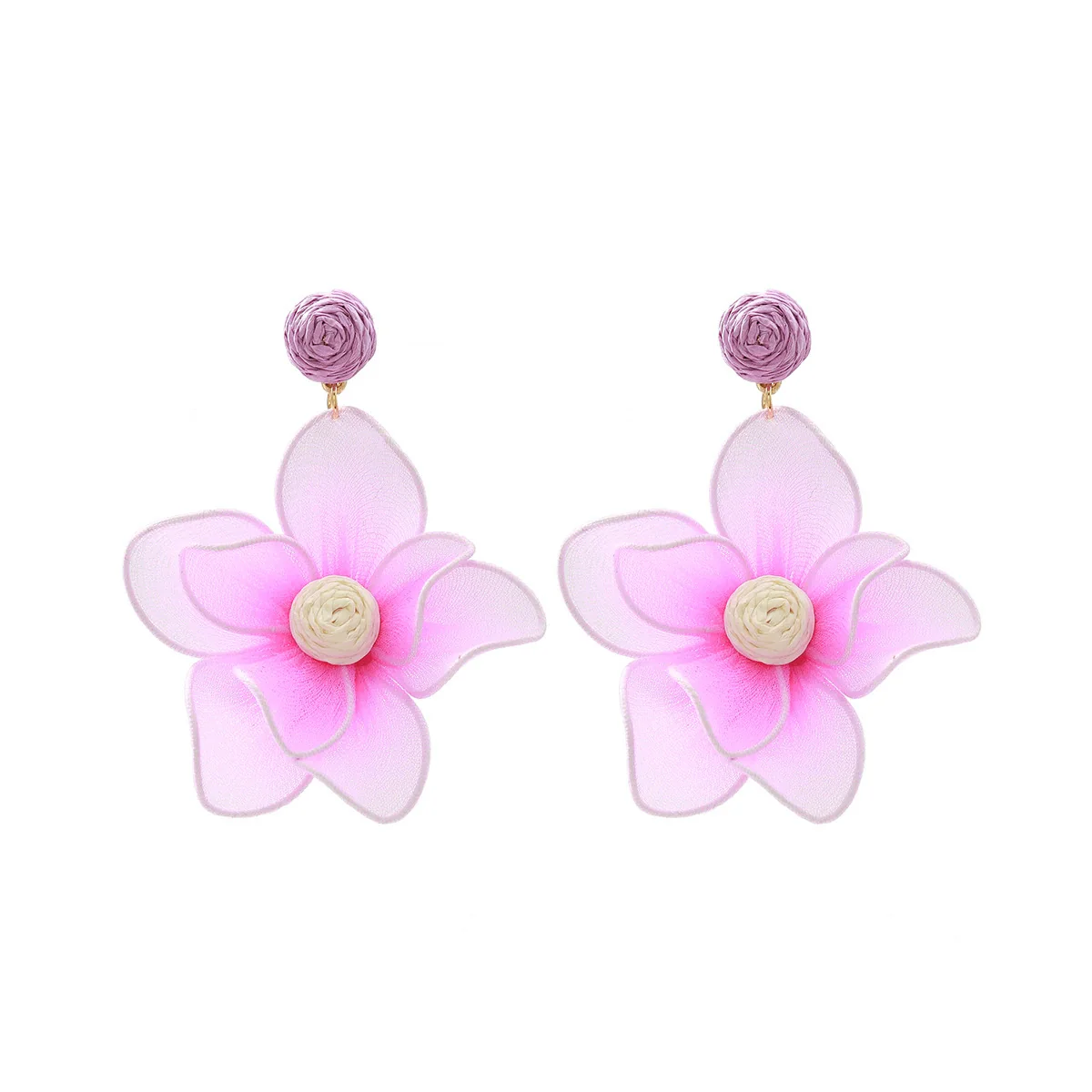 Wholesale Women's Mixed Materials Hand Knitted Flower Shape Cloth Raffia Grass Earrings Fashion Bohemia Design - Image 6