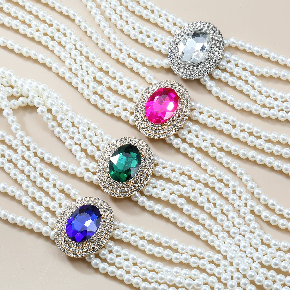 Wholesale Women's Multi Layer Imitation Pearl Necklace With Alloy Oval Pendant And Snake Bone Chain Geometric Diamond Design - Image 2