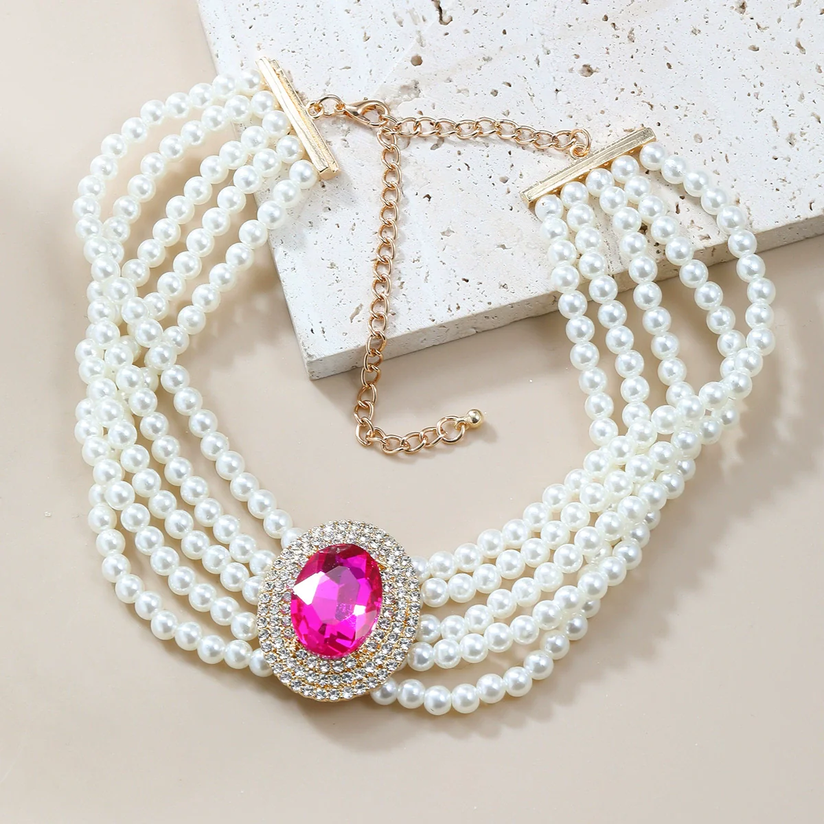 Wholesale Women's Multi Layer Imitation Pearl Necklace With Alloy Oval Pendant And Snake Bone Chain Geometric Diamond Design - Image 3