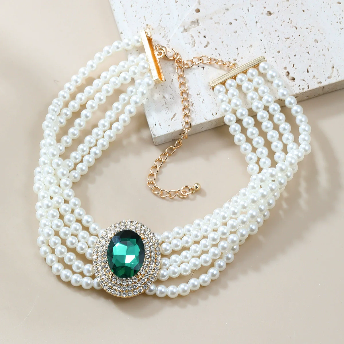 Wholesale Women's Multi Layer Imitation Pearl Necklace With Alloy Oval Pendant And Snake Bone Chain Geometric Diamond Design - Image 4