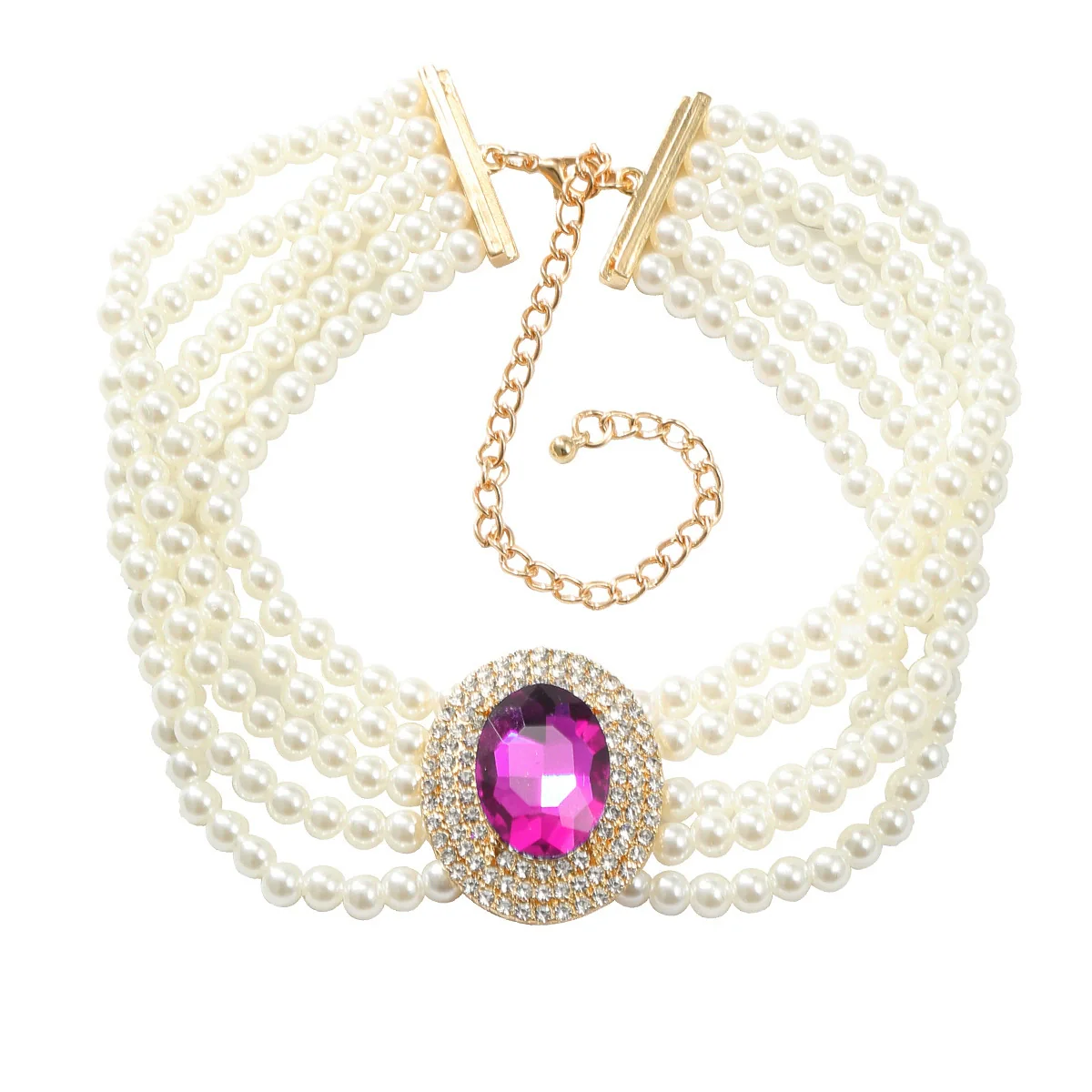 Wholesale Women's Multi Layer Imitation Pearl Necklace With Alloy Oval Pendant And Snake Bone Chain Geometric Diamond Design - Image 8