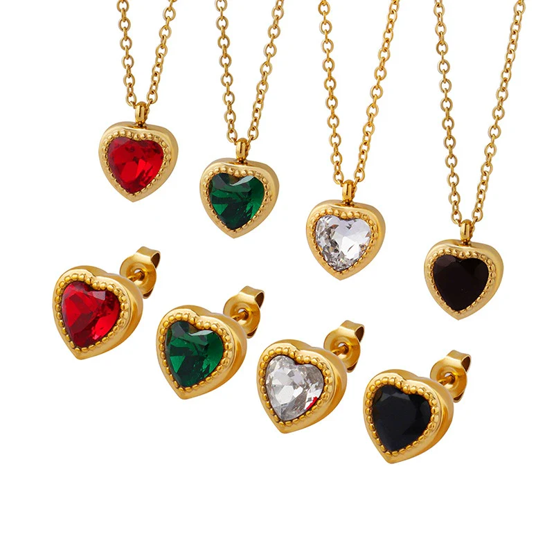 Wholesale Women's Multicolor Zircon Inlaid Goldplated Edge Titanium Steel Jewelry Set With Love Water Drops And Bell Patterns - Image 4