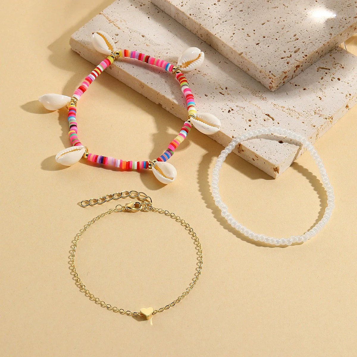 Wholesale Women's Multilayer Anklet Suit Alloy Geometric Marine Style Metal Chain With Inlaid Artificial Gemstones And Semiprecious Stones - Image 4