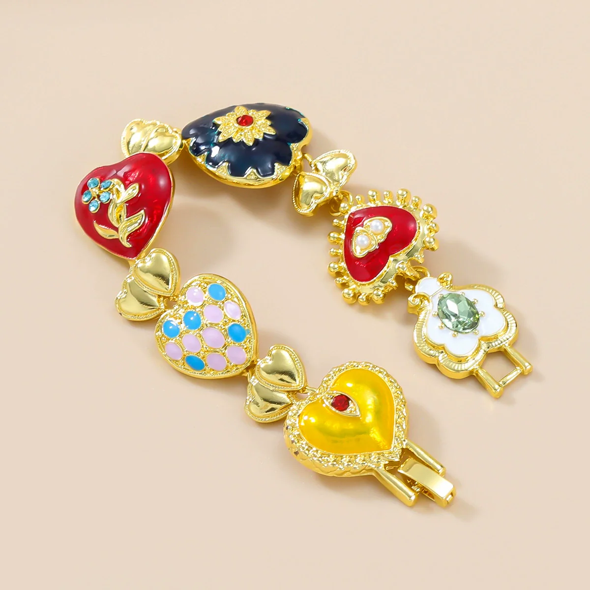 Wholesale Women's Multilayer Heartshaped Alloy Dripping Oil Hip Hop Bracelet With Geometric Pattern - Image 3