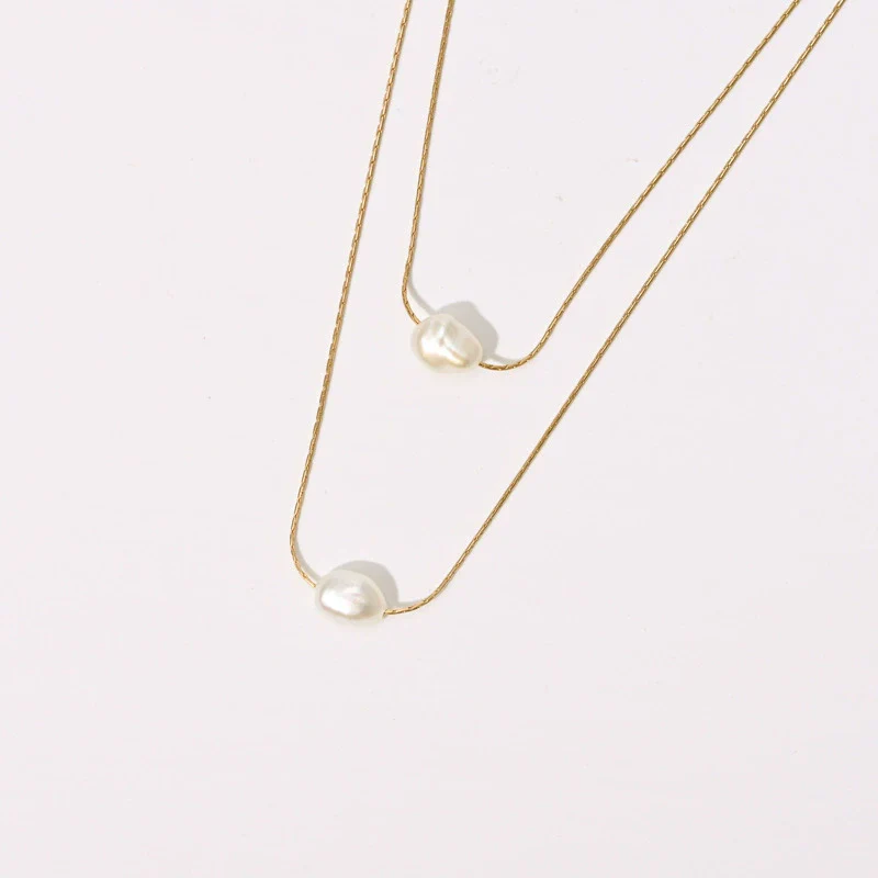 Wholesale Women's Multilayer Necklace Natural Freshwater Pearl Double Layer Stacked Copper Geometric Style - Image 3