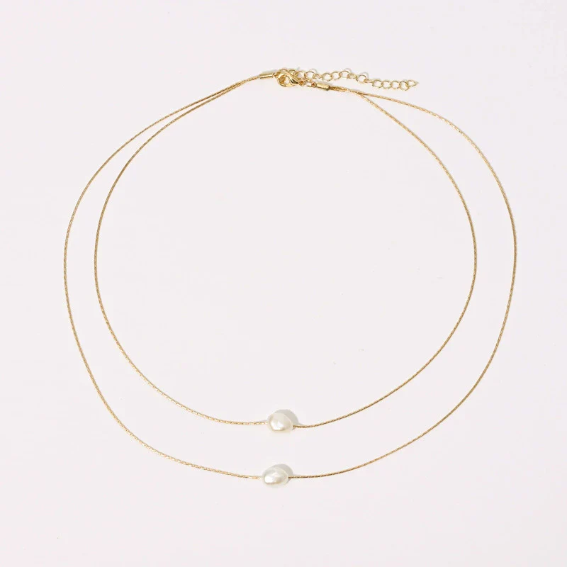 Wholesale Women's Multilayer Necklace Natural Freshwater Pearl Double Layer Stacked Copper Geometric Style - Image 4