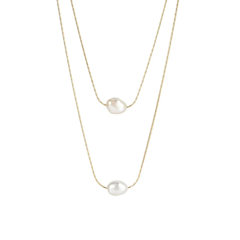 Wholesale Women's Multilayer Necklace Natural Freshwater Pearl Double Layer Stacked Copper Geometric Style - Image 6