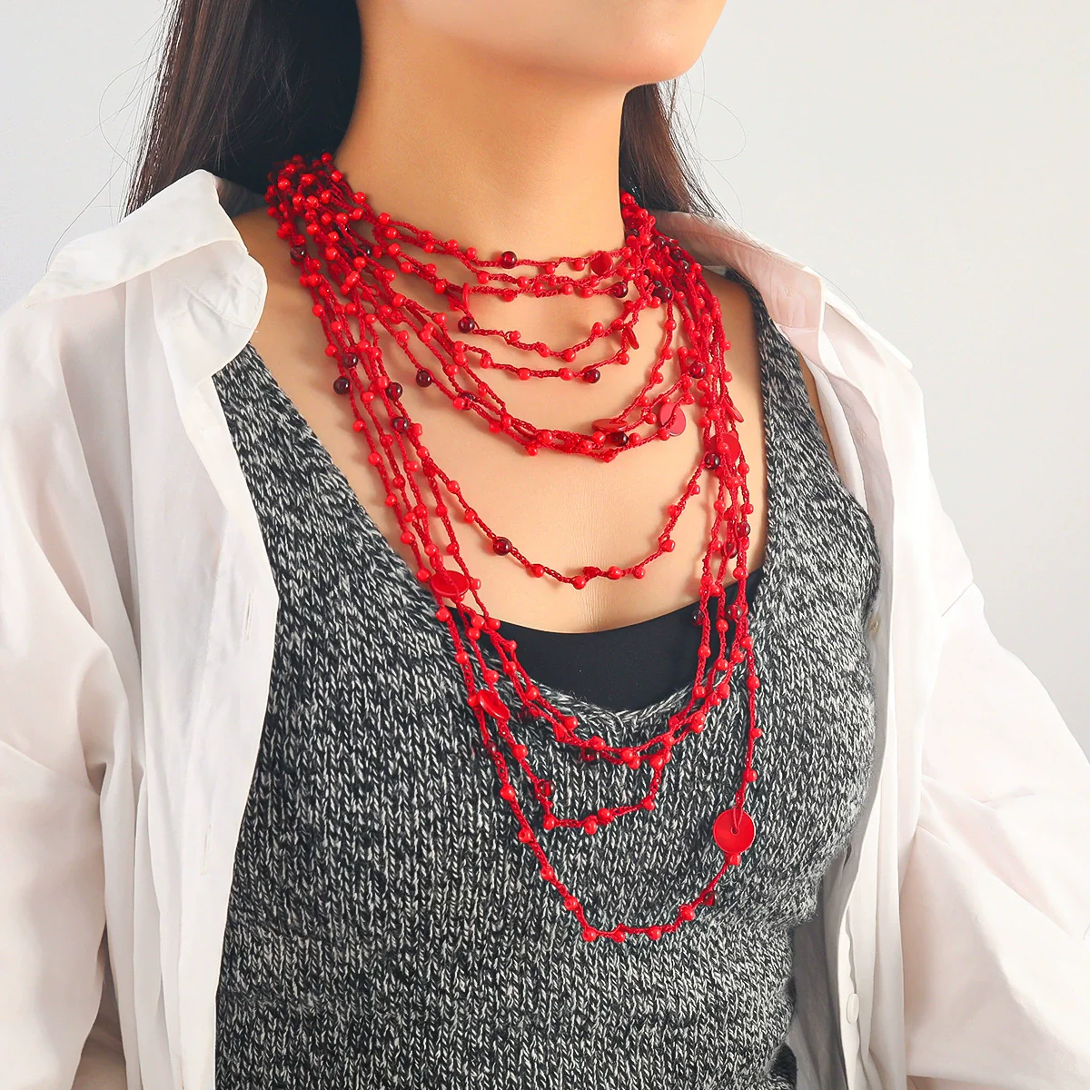 Wholesale Women's Multilayer Resin Color Beaded Necklace With Geometric Pattern Alloy Pendant And Snake Bone Chain Diamond Treated