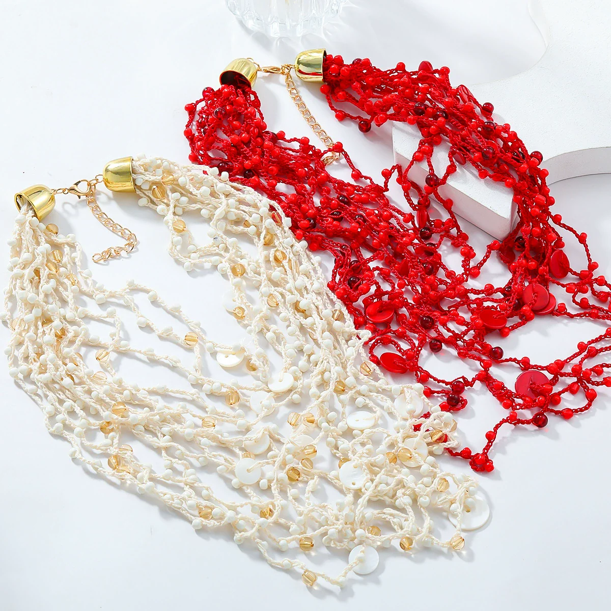 Wholesale Women's Multilayer Resin Color Beaded Necklace With Geometric Pattern Alloy Pendant And Snake Bone Chain Diamond Treated - Image 2
