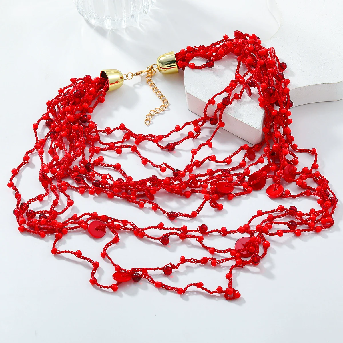 Wholesale Women's Multilayer Resin Color Beaded Necklace With Geometric Pattern Alloy Pendant And Snake Bone Chain Diamond Treated - Image 3