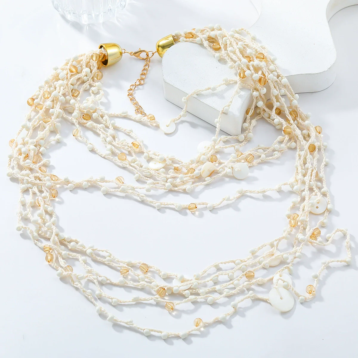 Wholesale Women's Multilayer Resin Color Beaded Necklace With Geometric Pattern Alloy Pendant And Snake Bone Chain Diamond Treated - Image 4