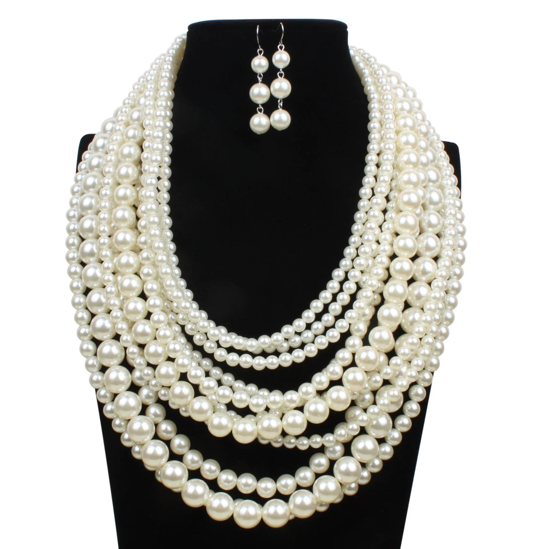 Wholesale Women's Multilayered Imitation Pearl Exaggerated Long Sweater Chain Necklace With Snake Bone Chain And Pearlescent Treatment British Retro And Geometric Style - Image 3