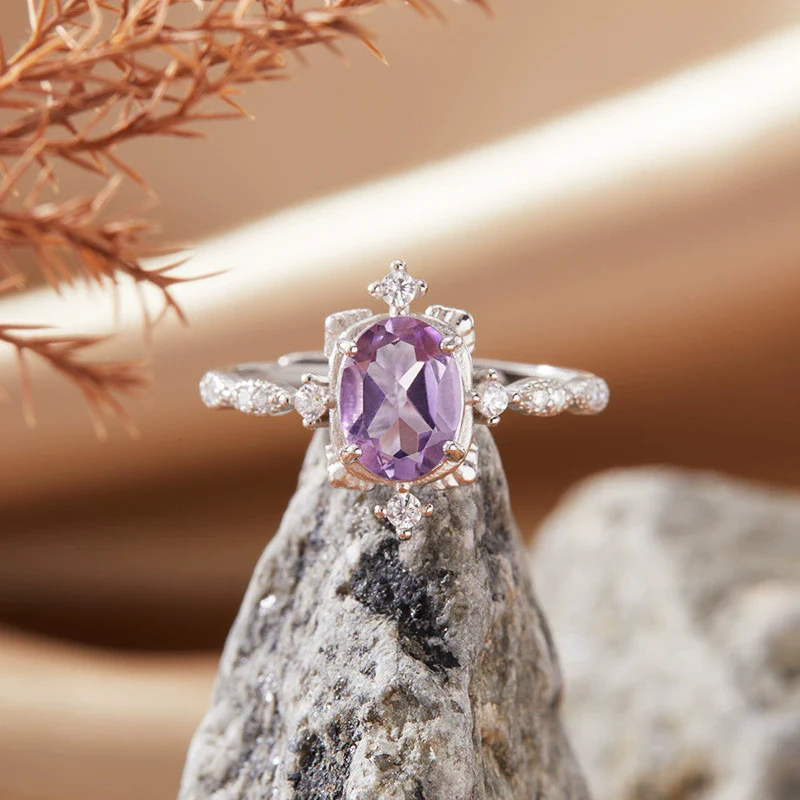 Wholesale Women's Natural Amethyst Citrine Color Geometric Crystal S925 Sterling Silver Ring Set With Crystal - Image 6