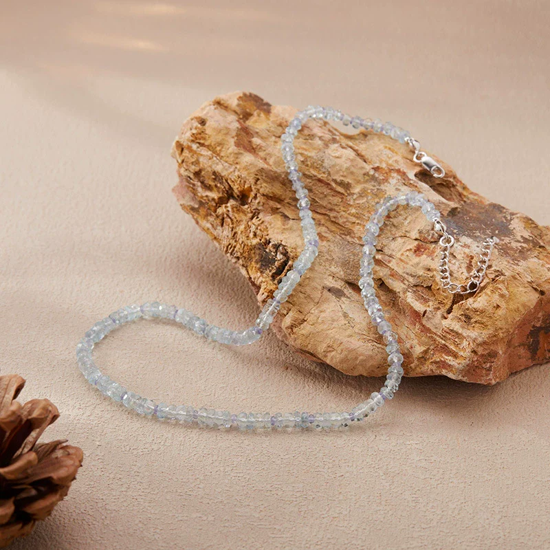 Wholesale Women's Natural Aquamarine Beaded Clavicle Necklace 925 Sterling Silver Light Luxury Geometric Set With Gems Cross Chain Jewelry - Image 2