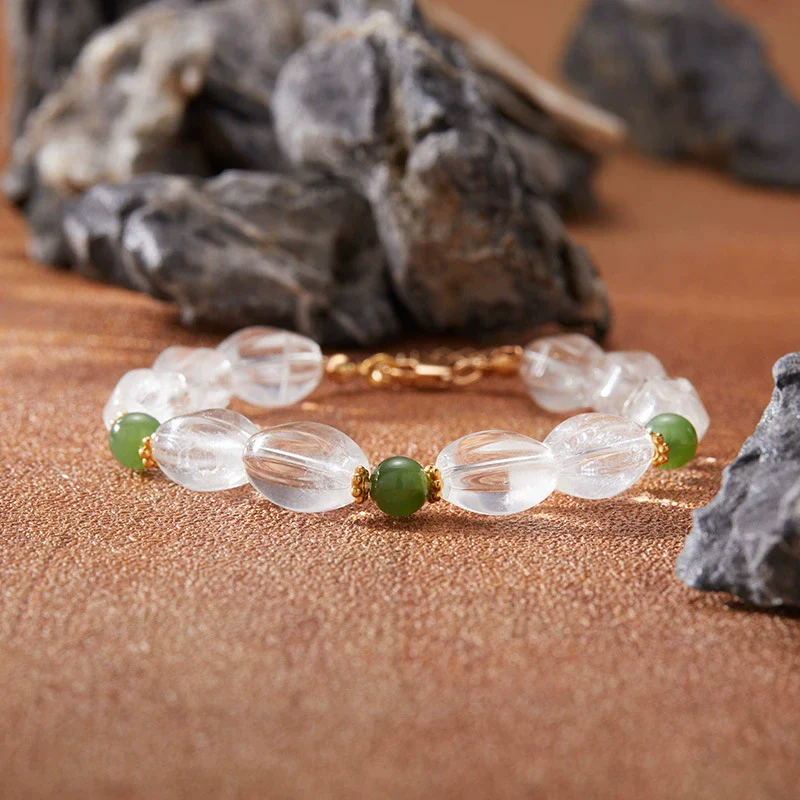 Wholesale Women's Natural Crystal And S925 Sterling Silver Beaded Bracelet Set With Original Geometric Design