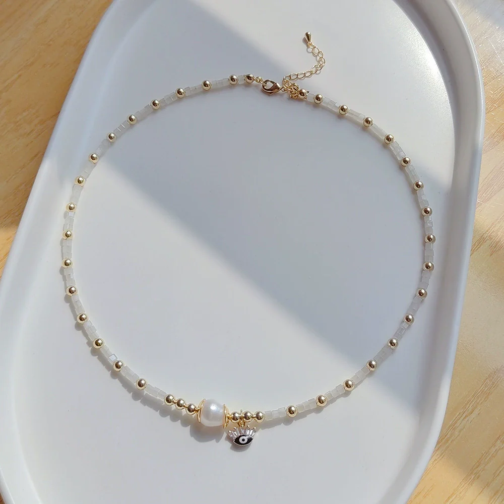 Wholesale Women's Natural Freshwater Pearl Handwoven Geometric Small Square Crystal Evil Eye Pendant Clavicle Chain Necklace - Image 3