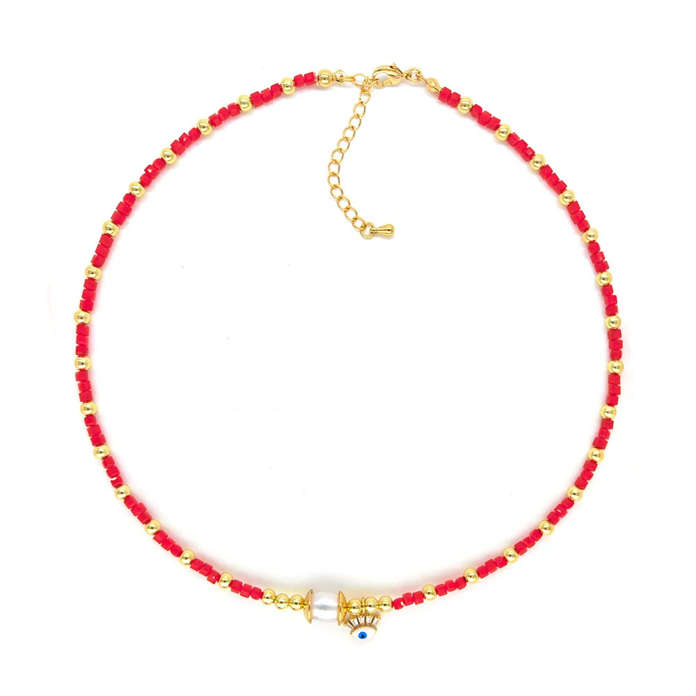 Wholesale Women's Natural Freshwater Pearl Handwoven Geometric Small Square Crystal Evil Eye Pendant Clavicle Chain Necklace - Image 5