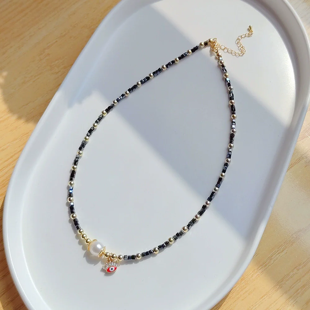 Wholesale Women's Natural Freshwater Pearl Handwoven Geometric Small Square Crystal Evil Eye Pendant Clavicle Chain Necklace - Image 7