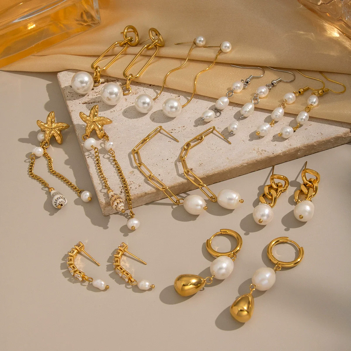 Wholesale Women's Natural Freshwater Pearl Tassel Earrings With Geometric Pattern Pvd Furnace Vacuum Real Gold Plated Stainless Steel Ear Needles Highend Minimalist Accessories - Image 3