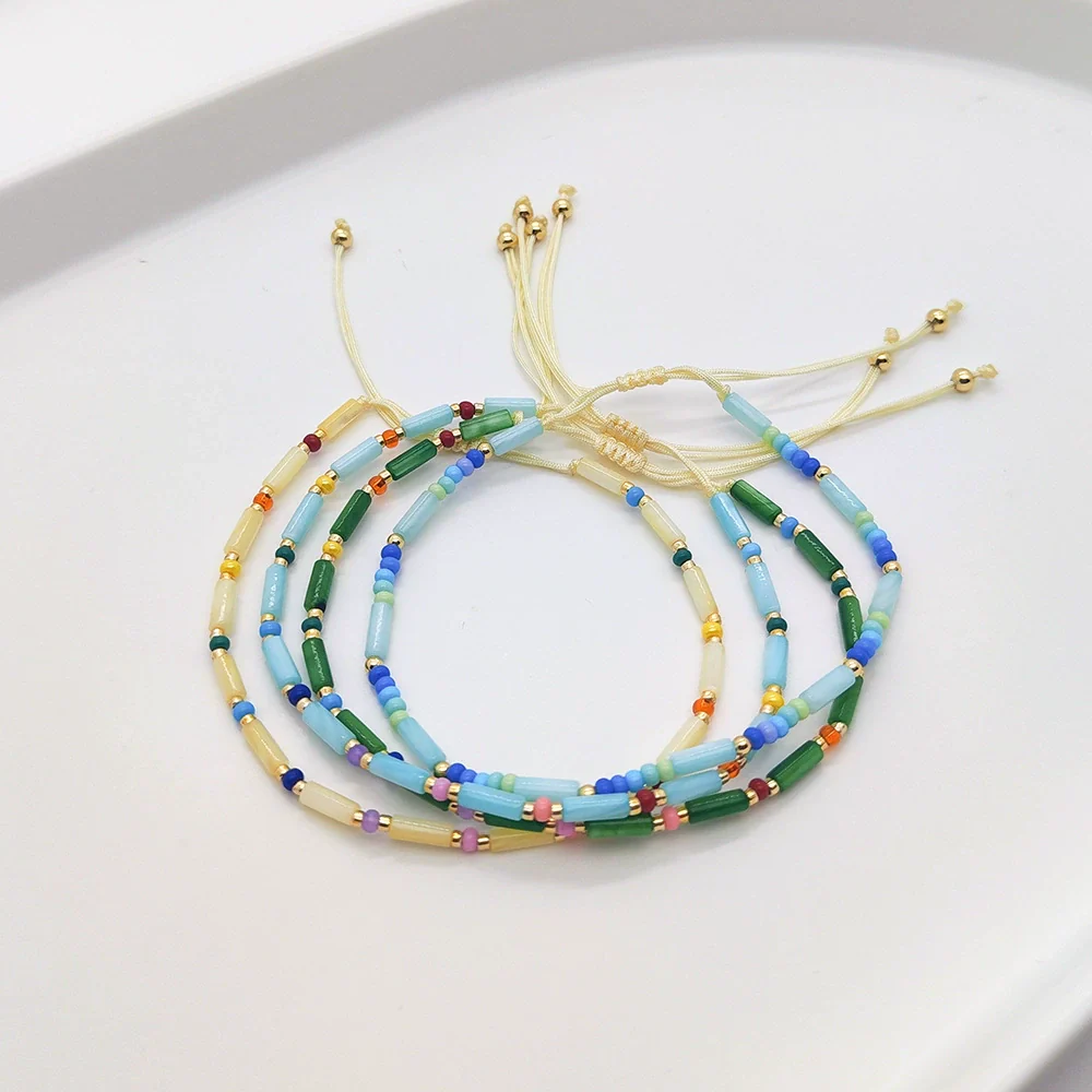 Wholesale Women's Natural Glass And Glaze Cylindrical Bead Handwoven Bracelet With Geometric Pattern