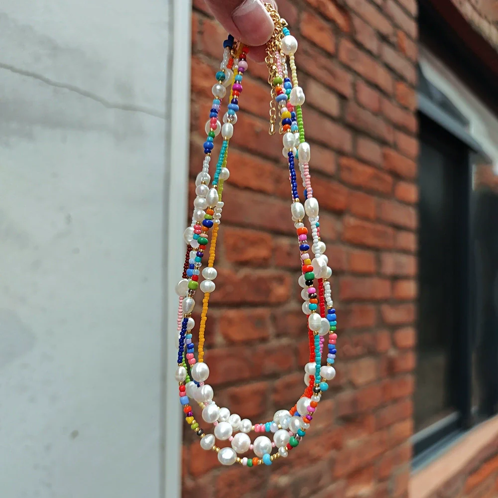 Wholesale Women's Natural Pearl And Organic Glass Geometric Beaded Clavicle Chain Hand Knitted In Ins Style - Image 4