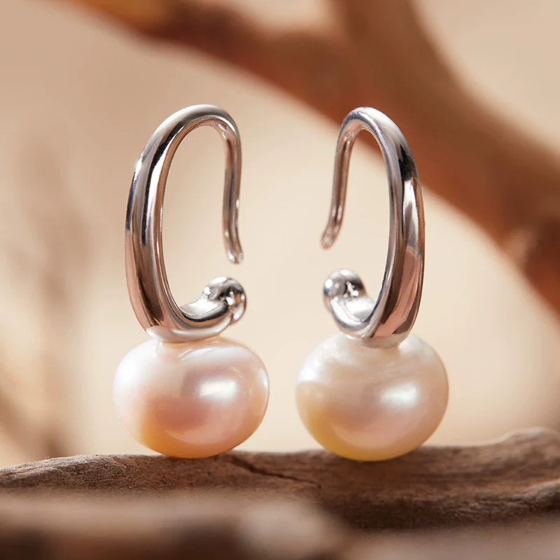Wholesale Women's Natural Pearl Earrings S925 Sterling Silver Inlaid Geometric Style - Image 4
