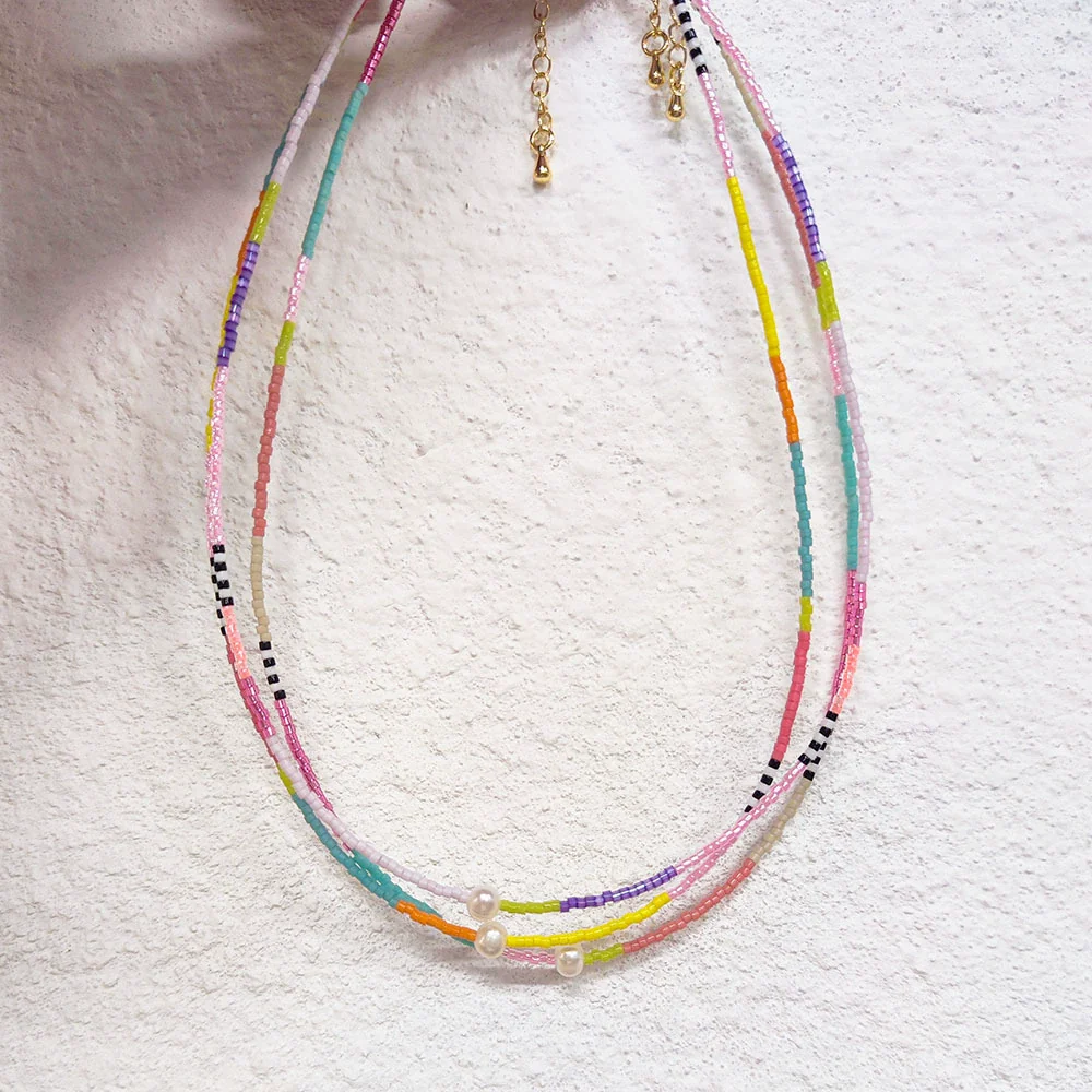 Wholesale Women's Natural Style Handwoven Geometric Clavicle Chain Necklace With Pearl And Organic Glass - Image 2