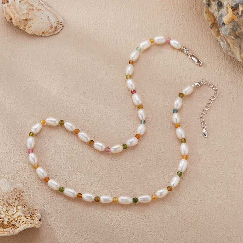 Wholesale Women's Natural Tourmaline Freshwater Pearl S925 Sterling Silver Handmade Beaded Necklace - Image 2