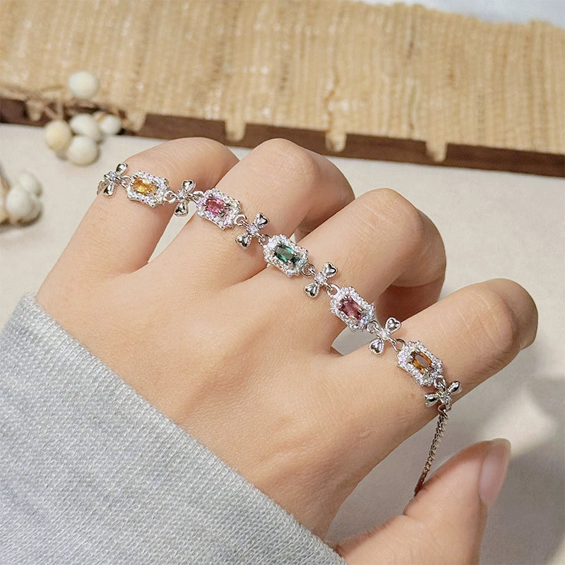 Wholesale Women's Natural Tourmaline S925 Sterling Silver Bracelet With Flower And Bow Patterns Set With Gemstones - Image 2