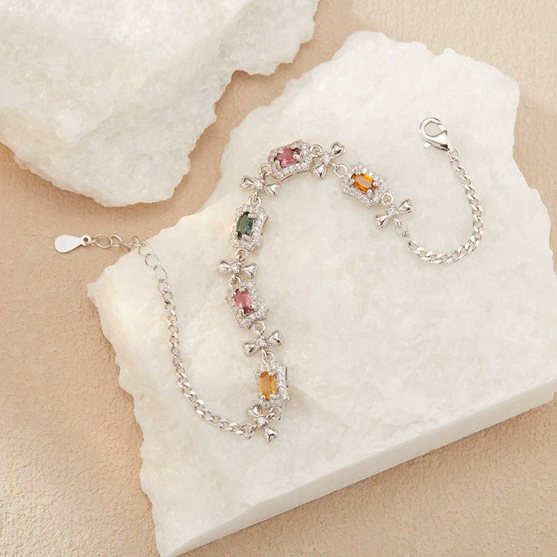 Wholesale Women's Natural Tourmaline S925 Sterling Silver Bracelet With Flower And Bow Patterns Set With Gemstones - Image 3