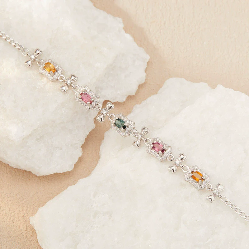 Wholesale Women's Natural Tourmaline S925 Sterling Silver Bracelet With Flower And Bow Patterns Set With Gemstones - Image 4