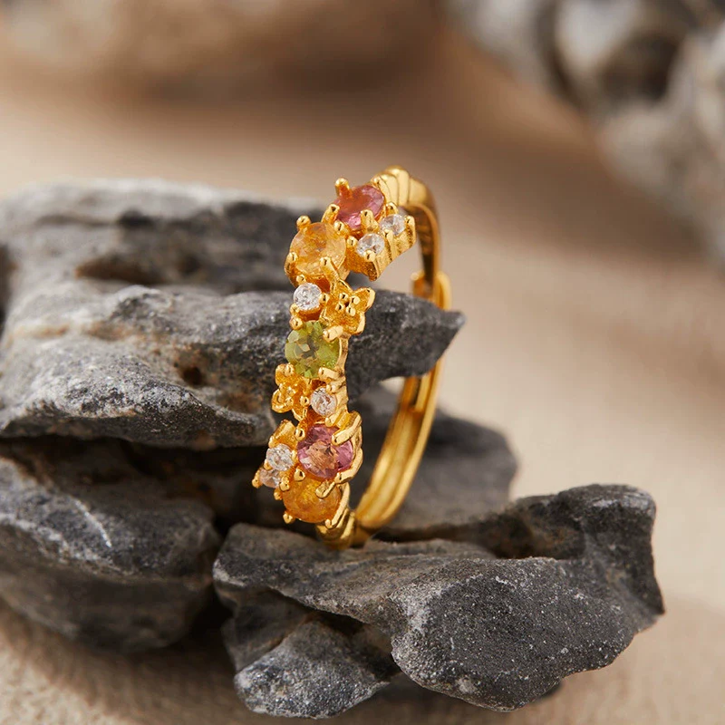 Wholesale Women's Natural Tourmaline S925 Sterling Silver Flower Shaped Minimalist Ring Set With Gems