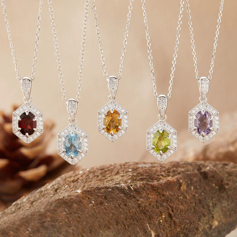 Wholesale Women's Natural Yellow Crystal Amethyst Necklace Set With S925 Sterling Silver Geometric Style